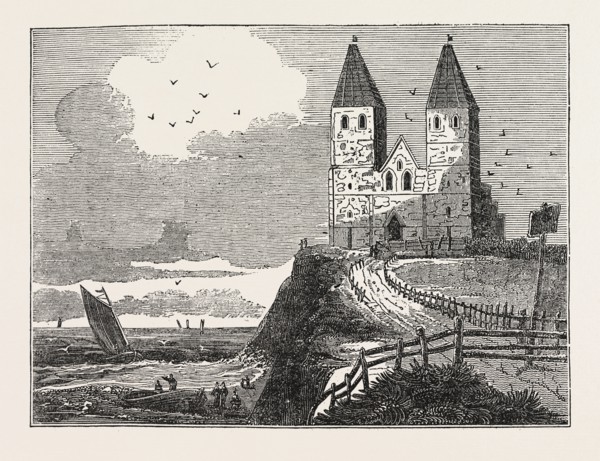 RECULVER CHURCH, FROM THE SEA. UK, britain, british, europe, united kingdom, great britain,