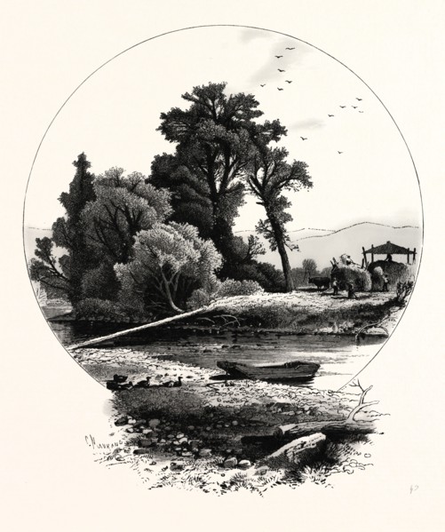 SUMMER. The clouds are silver, in an azure sky; The hills lie basking in a sunny dream; The lapping