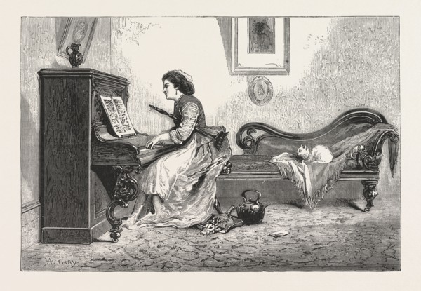 ARTISTIC RECREATION., piano, playing, female, woman, interior, cat, room, ENGRAVING 1876, UK,