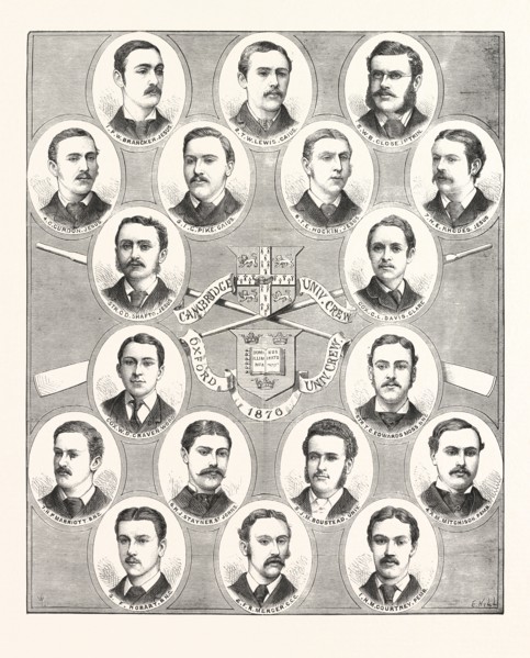 THE OXFORD AND CAMBRIDGE BOAT RACE, 1876.: PORTRAITS OF THE CREWS, ENGRAVING 1876, UK, britain,