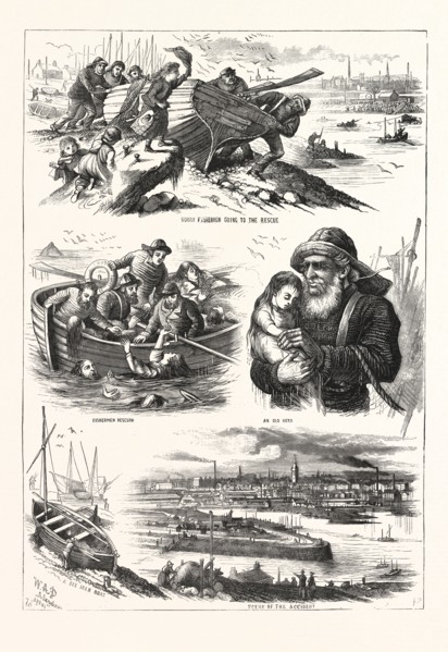 FATAL BOAT ACCIDENT ON THE DEE, AT ABERDEEN, INCIDENTS OF THE DISASTER, ENGRAVING 1876, UK,