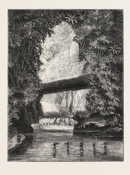 Central African exploration with Lieut. Cameron, crossing Lugungwa river, engraving 1876