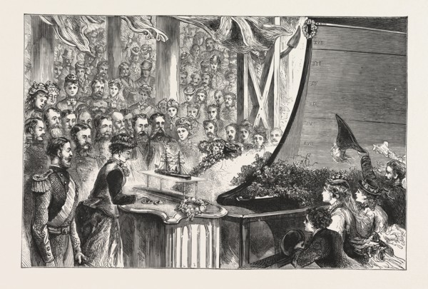 THE PRINCESS LOUISE AT PORTSMOUTH, CHRISTENING OF THE INFLEXIBLE, ENGRAVING 1876, UK, britain,