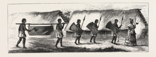LIEUTENANT CAMERON IN CENTRAL AFRICA, KARIMBU (CHIEF NEAR KWAKASONGO) AND HIS TRAIN, ENGRAVING 1876