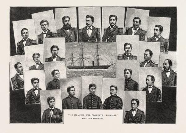 THE JAPANESE WAR CORVETTE TSUKUBA AND HER OFFICERS, ENGRAVING 1876