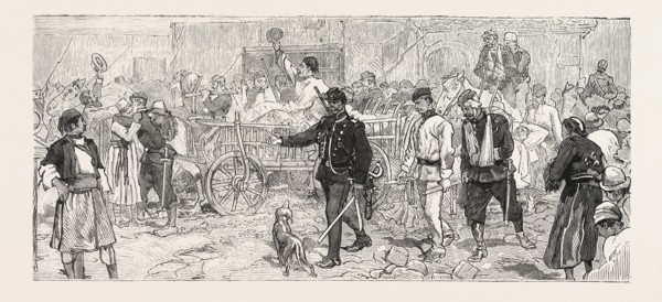 THE TURCO SERVIAN WAR, A CONVOY OF WOUNDED SOLDIERS ARRIVING AT BELGRADE, ENGRAVING 1876
