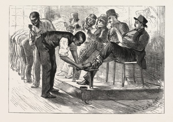 A CENTENNIAL SHINE: A SKETCH AT THE PHILADELPHIA EXHIBITION BY C.S. REINHART, ENGRAVING 1876, USA