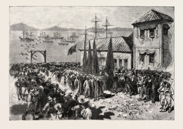 THE WAR IN THE EAST,  DISEMBARKMENT OF A BAND OF SOFTAS AT SALONICA, EN ROUTE FOR SERVIA, SERBIA,