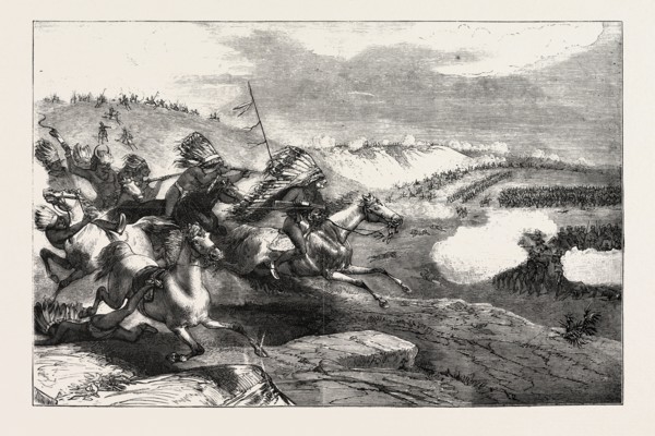 THE SIOUX WAR IN AMERICA A TROOP OF INDIANS CHARGING COLONEL ROYALL's DETACHMENT OF CAVALRY,