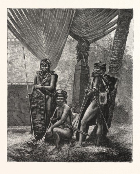 RECENT PIRACY AT THE STRAITS SETTLEMENTS : DYAKS OF BORNEO, ENGRAVING 1876
