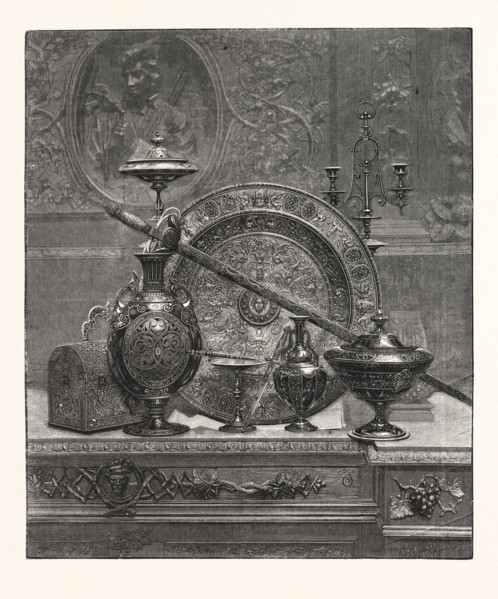 THE PHILADELPHIA EXHIBITION, DAMASCENE, WORK IN THE SPANISH DEPARTMENT, ENGRAVING 1876, US, USA,