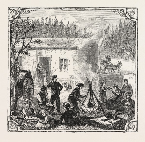 HOPS AND HOP PICKERS, IN A KENTISH HOP GARDEN, KENT, ENGLAND, THE TEMPORARY HOME, ENGRAVING 1876,
