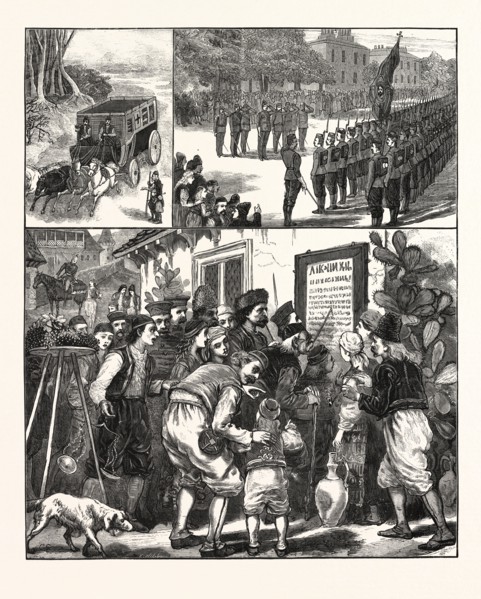 THE TURKO-SERVIAN WAR, PRINCE MILAN AND STAFF SALUTING THE SACRED FLAG OF RUSSIA, VILLAGE OF