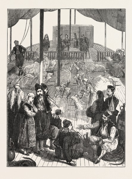 WOUNDED SERVIANS BEING TAKEN UP THE DANUBE FROM THE FRONT, ENGRAVING 1876