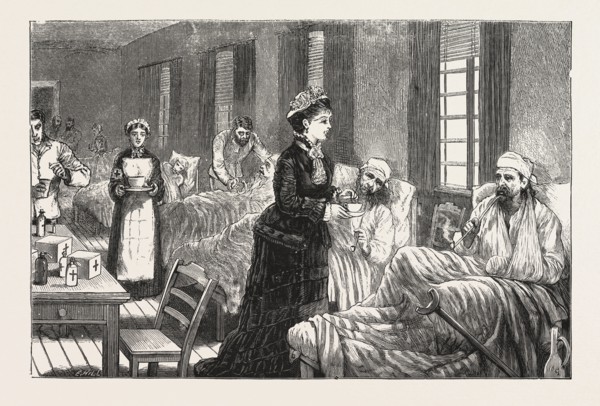 IN THE KATHERINE HOSPITAL, BELGRADE, SERBIA, ENGRAVING 1876