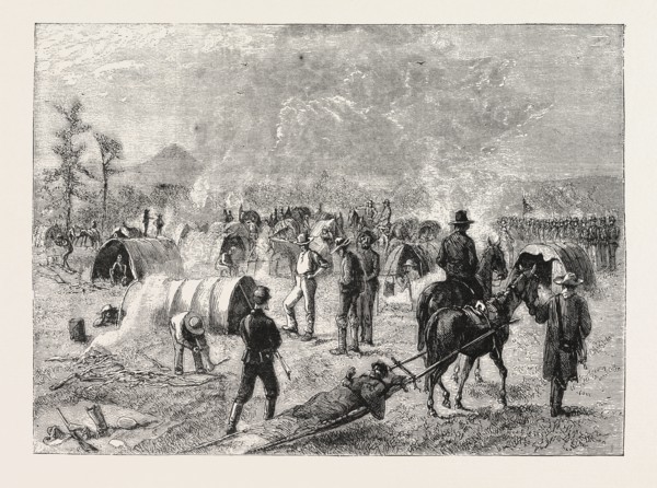 GENERAL CROOK'S CAMP AT WHITEWOOD CREEK: BRINGING IN A WOUNDED SOLDIER ON A TRAVAU, THE SIOUX WAR,