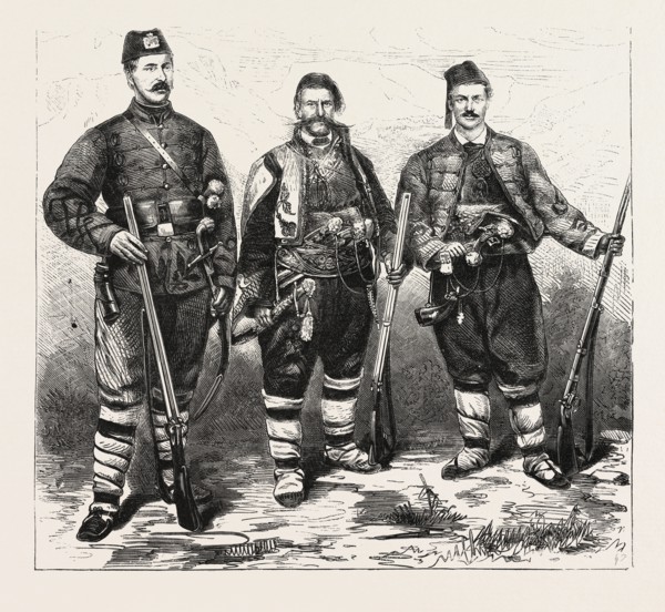 THE WAR, TWO  MEMBERS OF THE YOUNG BULGARIAN ON THE RIGHT, ENGRAVING 1876