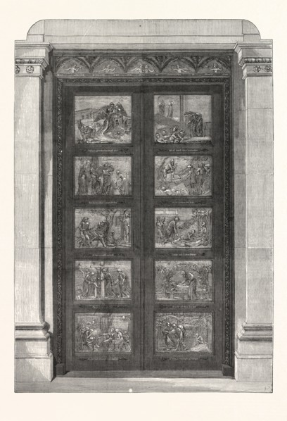 THE BRONZE DOORS PRESENTED BY THE DUKE OF BEDFORD TO BU YAN MEETING, BEDFORD, ENGRAVING 1876, UK,