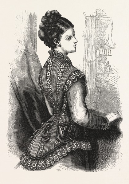 FASHION, NET INSERTION AND LACE SLEEVELESS JACKET, ENGRAVING 1876, UK, britain, british, europe,