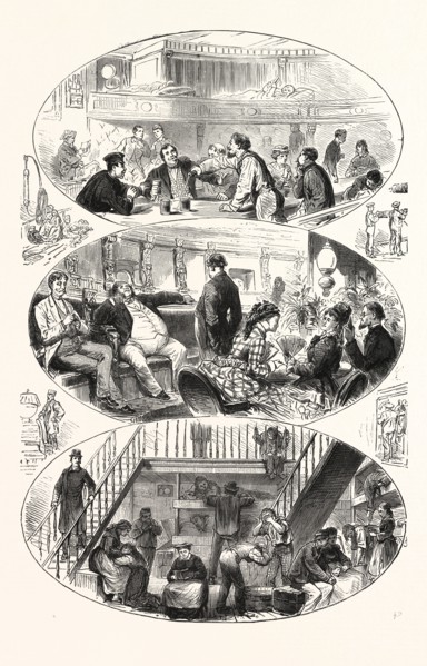 PHASES OF LIFE ON BOARD AN ATLANTIC STEAMER, ENGRAVING 1876