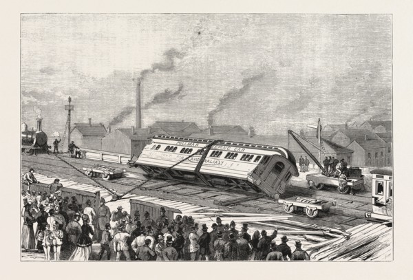 THE ACCIDENT TO THE FLYING SCOTCHMAN,  NEAR SHEFFIELD: RAISING THE PULLMAN CAR, ENGRAVING 1876, UK,