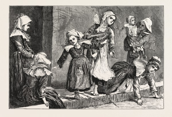 SKETCHES IN BRITTANY, FRANCE, CHILDREN PLAYING THE GAME OF ANABEL, ENGRAVING 1876
