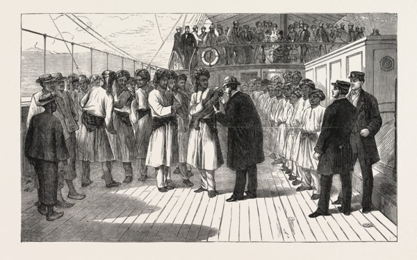 VACCINATING THE CREW OF A P. AND O. STEAMER AT VICTORIA, ENGRAVING 1876