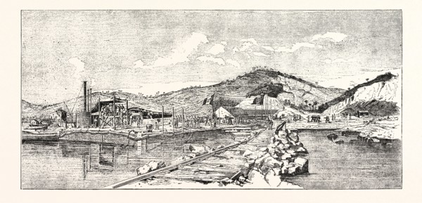EXPERIMENTS WITH THE 100 TON GUN AT SPEZIA OR LA SPEZIA, ITALY , ENGRAVING 1876