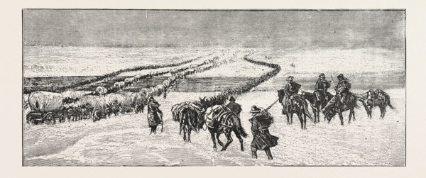 THE SIOUX WAR: THE POWDER RIVER EXPEDITION CROSSING THE PLATTE RIVER, ENGRAVING 1876, US, USA,
