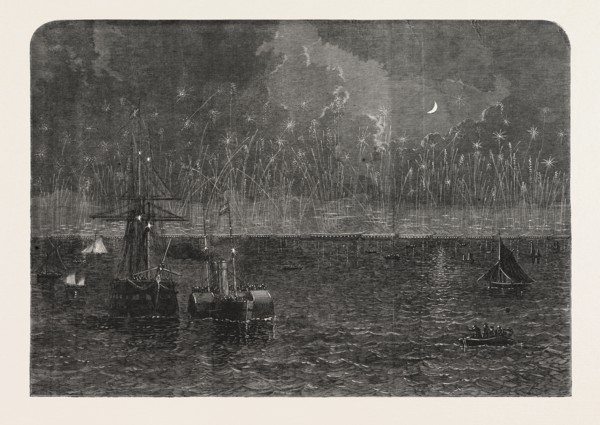 ILLUMINATION OF THE FLEETS AT SPITHEAD ON THE EVENING OF THE GRAND ADMIRALTY BANQUET, UK, 1865