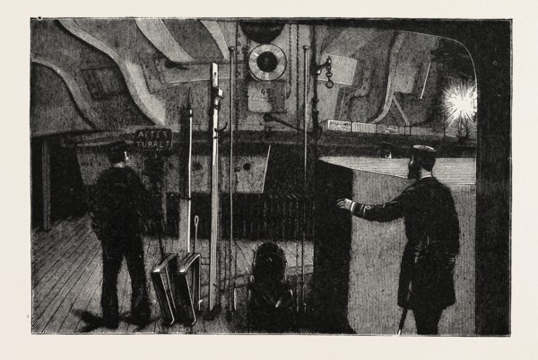 THE NEW WAR SHIP OF THE BRITISH NAVY, H.M.S. INFLEXIBLE: THE TURRET BELOW THE DECK, SHOWING THE