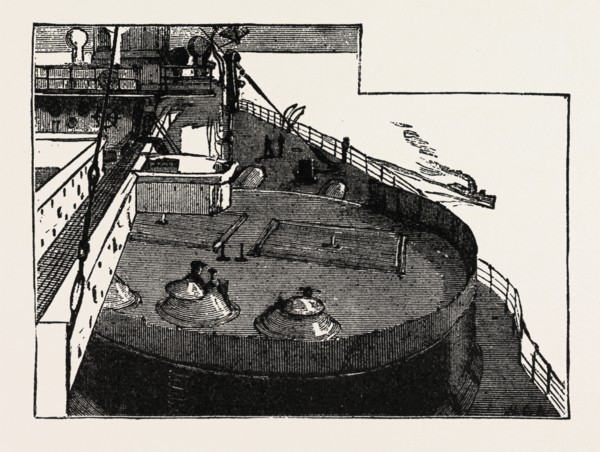 THE NEW WAR SHIP OF THE BRITISH NAVY, H.M.S. INFLEXIBLE: LOOKING OVER THE TURRET FROM THE FORE