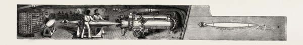 THE NEW WAR SHIP OF THE BRITISH NAVY, H.M.S. INFLEXIBLE: THE TORPEDO ROOM: PLACING A "WHITEHEAD" IN