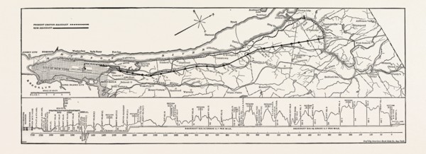 MAP AND PROFILE OF THE NEW AQUEDUCT, NEW YORK CITY, UNITED STATES OF AMERICA, USA, U.S., AMERICA,