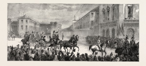 ARRIVAL OF THE QUEEN THE ROYAL PARTY LEAVING THE RAILWAY STATION, THE QUEEN AT FLORENCE, ITALY,