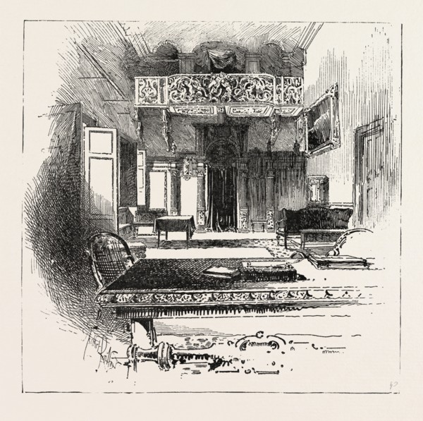 THE HALL, VILLA PALMIERI, THE QUEEN AT FLORENCE, ITALY, 1888 engraving