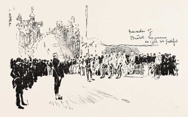 WITH THE CYCLIST CORPS AT THE EASTER VOLUNTEER MANOEUVRES, 1888 engraving