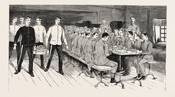 MANOEUVRES AT PORTSMOUTH, THE QUEEN'S WESTMINSTER RIFLE VOLUNTEERS AT DINNER IN EASTNEY BARRACKS,