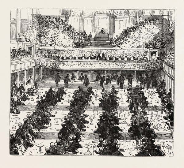 THE BANQUET IN THE TOWN. HALL MR. CHAMBERLAIN SPEAKING, BIRMINGHAM, UK, britain, united kingdom, u
