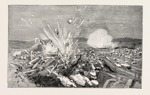 AUSTRIAN ARTILLERY DEMOLISHING BY CANNON SHOT A DAM OF ICE ON THE VISTULA AT NIEPOLOMICE, GALICIA,