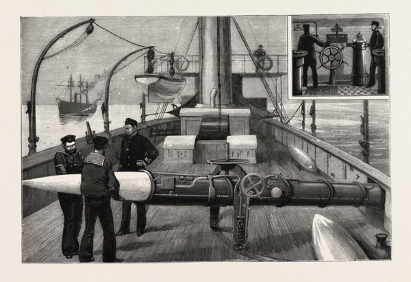 TORPEDO GUN BOAT, LOADING A TORPEDO TUBE ON THE UPPER DECK, LOOKING FORWARD, 1888 engraving