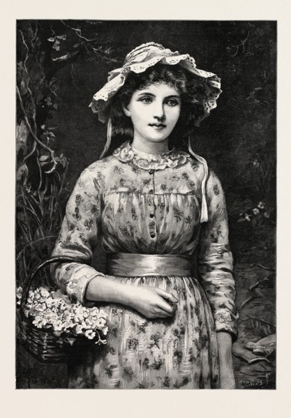 PRIMROSE DAY, GIRL, 1888 engraving