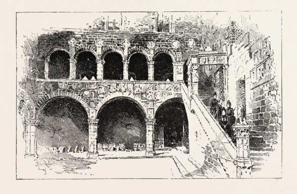THE QUEEN VISITING THE BARGELLO PALACE, FLORENCE ITALY, 1888 engraving