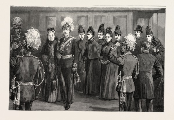 ARRIVAL OF HER MAJESTY AT THE RAILWAY STATION, CHARLOTTENBURG THE QUEEN ESCORTED TO HER CARRIAGE BY