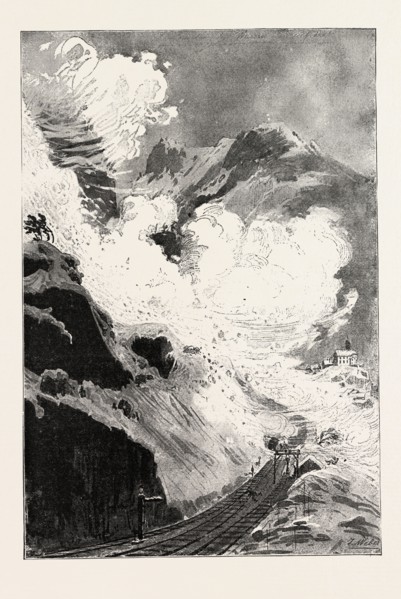AN AVALANCHE AT WASSEN, VALLEY OF REUSS, CANTON URI, SWITZERLAND, 1888 engraving