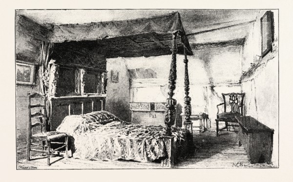 BEDROOM IN ANNE HATHAWAY'S COTTAGE AT SHOTTERY, NEAR STRATFORD-ON-AVON With Bedstead of the time of