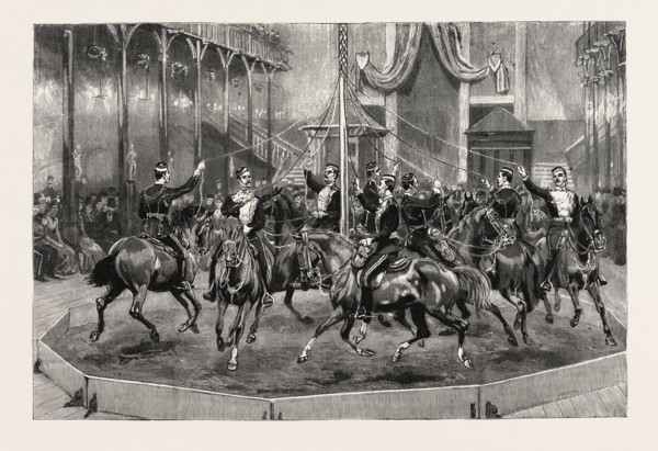 PLAITING THE MAYPOLE ON HORSEBACK, 1888 engraving