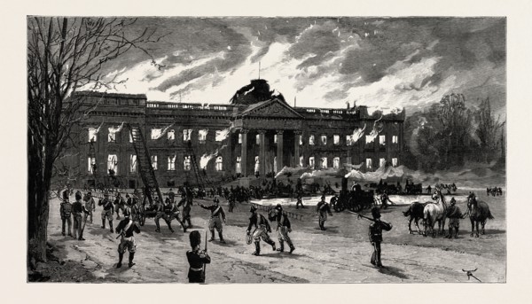 THE BURNING OF LAEKEN CASTLE, BRUSSELS, THE RESIDENCE OF KING LEOPOLD, BELGIUM, Engraving 1890