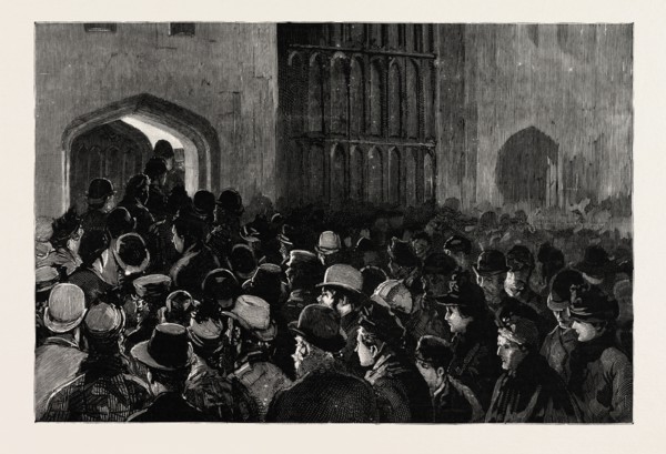 DISTRIBUTING THE QUEEN'S NEW YEAR GIFTS AT WINDSOR, engraving 1890, uk, britain, british, united