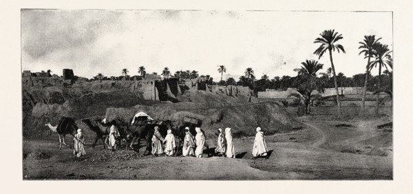 A CARAVAN APPROACHING AN OLD FORT IN BISKRA, engraving 1890